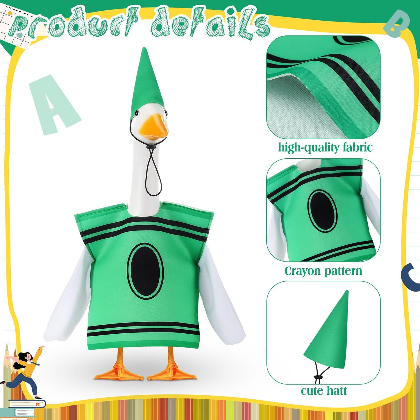 Geyoga Back to School Porch Goose Outfit 23" Classroom Goose Clothes Lawn School Garden Patio Yard Outdoor Decorations(Green,Crayon)