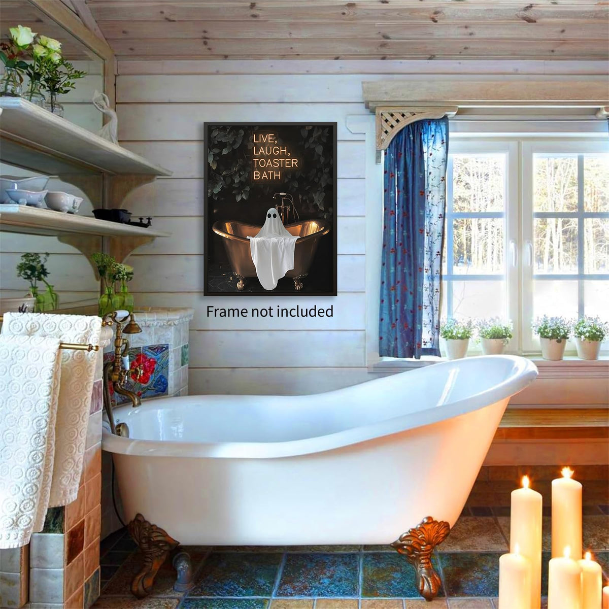 MWZUPQ Halloween Gothic Bath Ghost Poster Dark Horror Fun Bathtub Wall Art Live Laugh Toaster Ghost Canvas Prints for Bathroom Restroom Wall Decor 16X24 inch Unframed