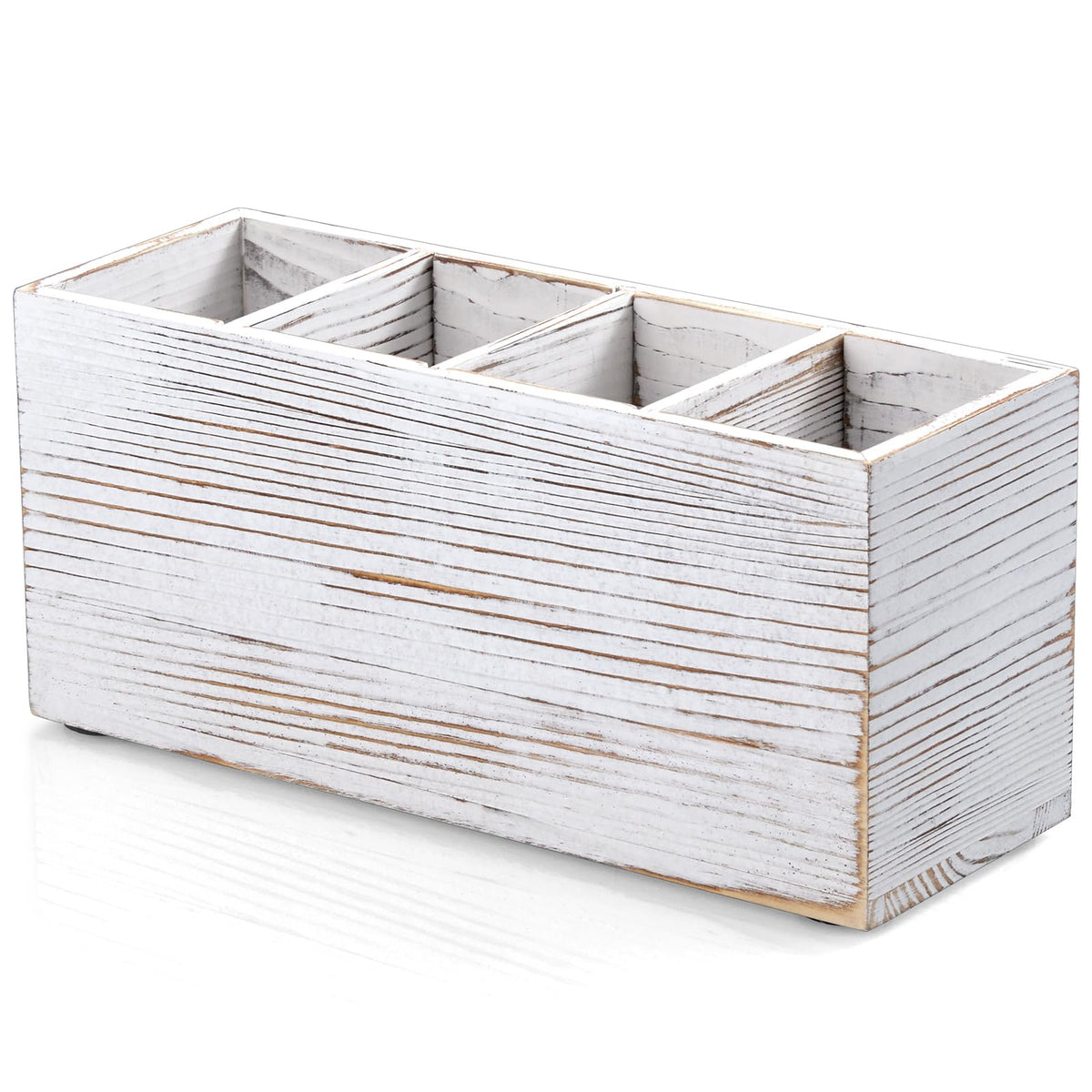 Pencil Pen Holder for Desk, White Washed Wood Office Desk Organizers and Accessories with 4 Slots for Countertop, Makeup Brush Holder Organizer for Bathroom Vanity, Silverware Caddy for Party