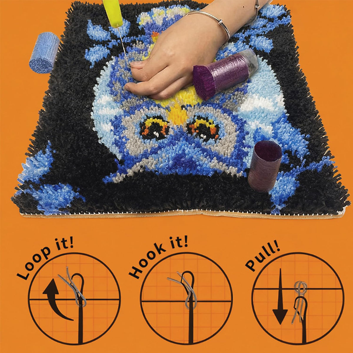Manzapu Latch Hook Kits for Adults Beginner, 12x12 inch - 30x30 cm Cute Small Shaggy Rug Making Kits with Pre-Cut Yarn, Coded Canvas ＆ Crochet Hook Tool - Relaxing DIY Craft Gift