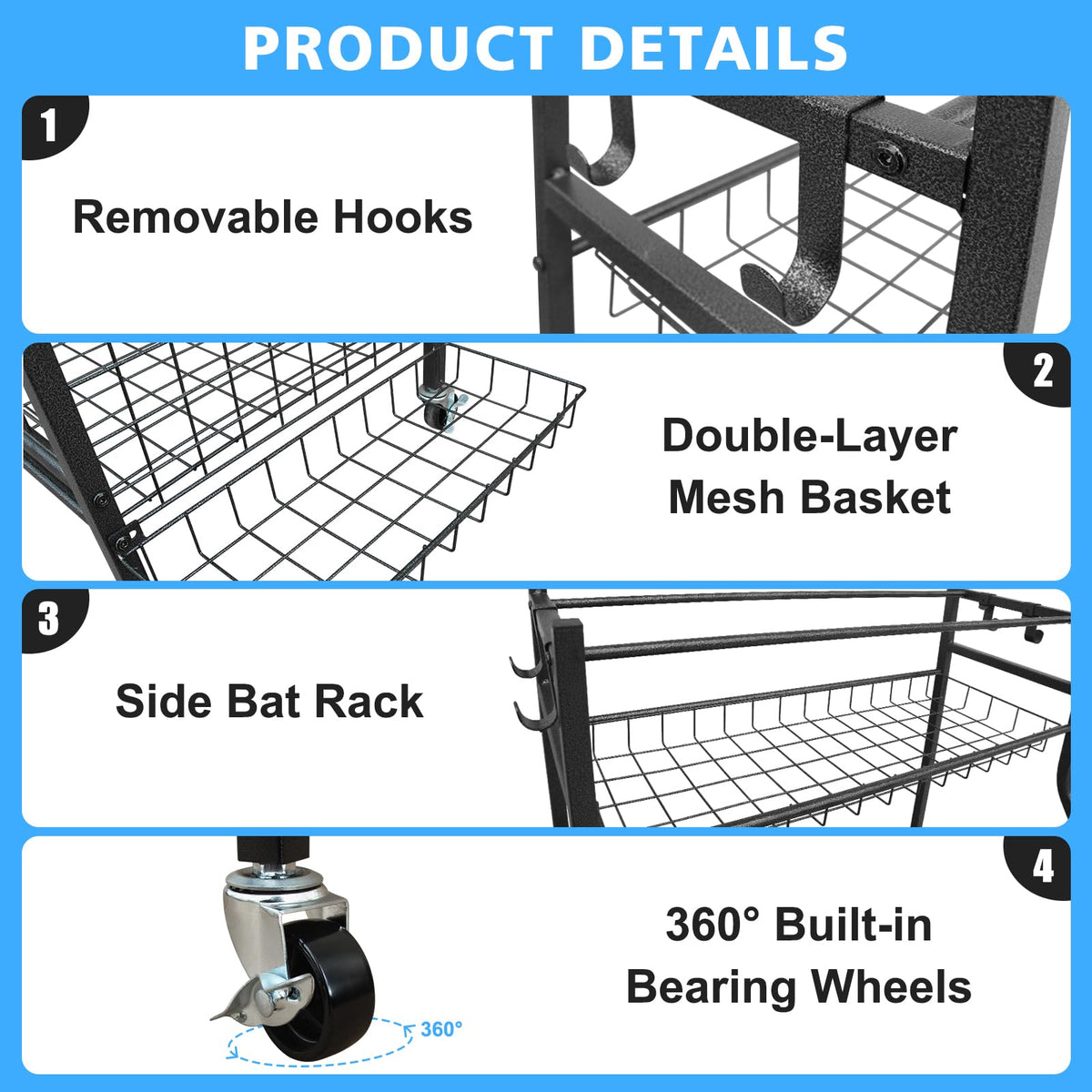 ICSPOID Sports Equipment Garage Organizer, Garage Ball Storage Rack with Basket, Hooks and Rolling Cart for Sports Gear and Toy Storage, Heavy Duty Ball Holder Indoor/Outdoor Use