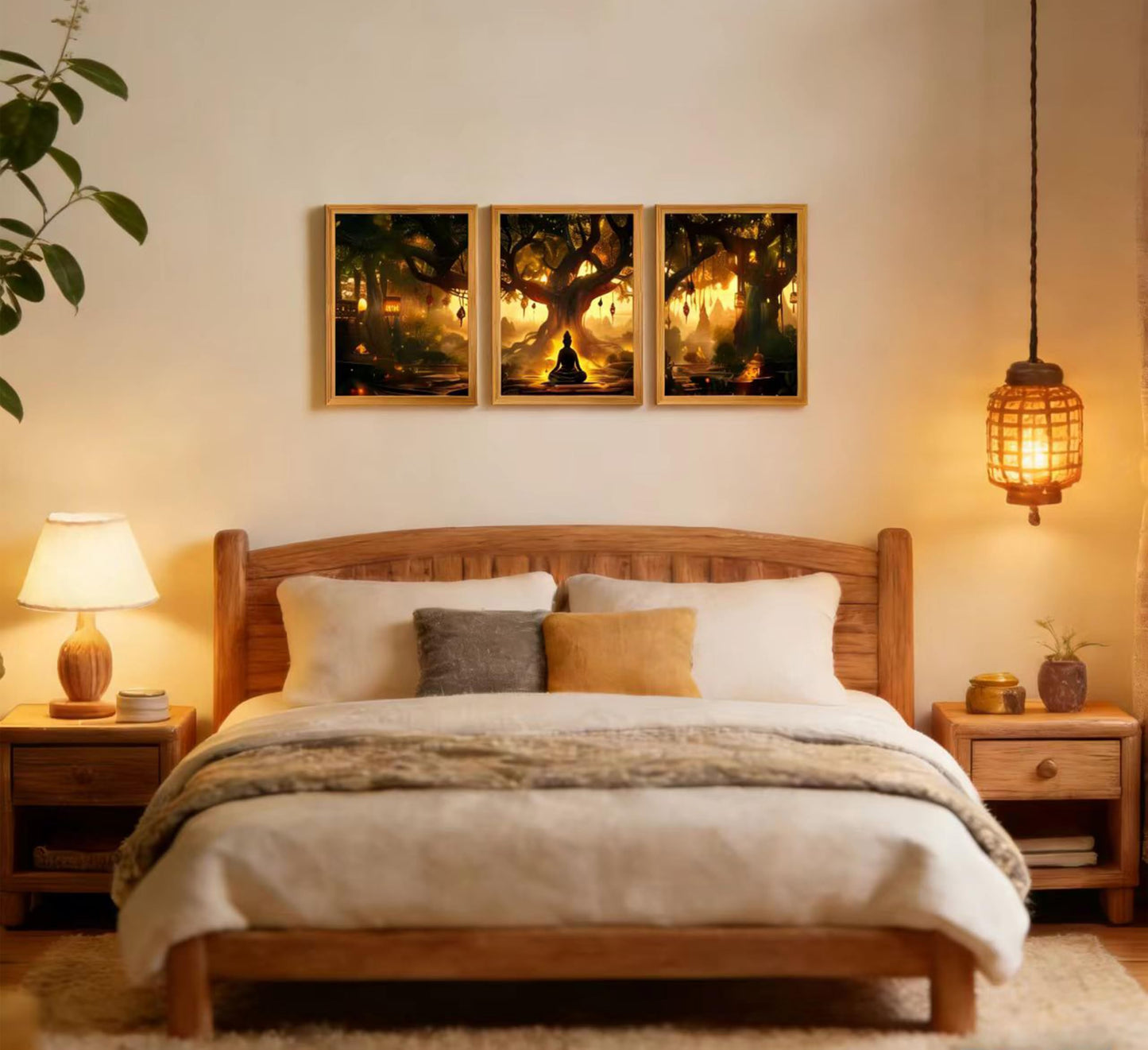 3Pcs Framed Buddha Under Bodhi Tree Canvas Wall Art，Zen Spiritual Wall Decor, Mystical Forest Lantern Poster for Living Room Bedroom Office