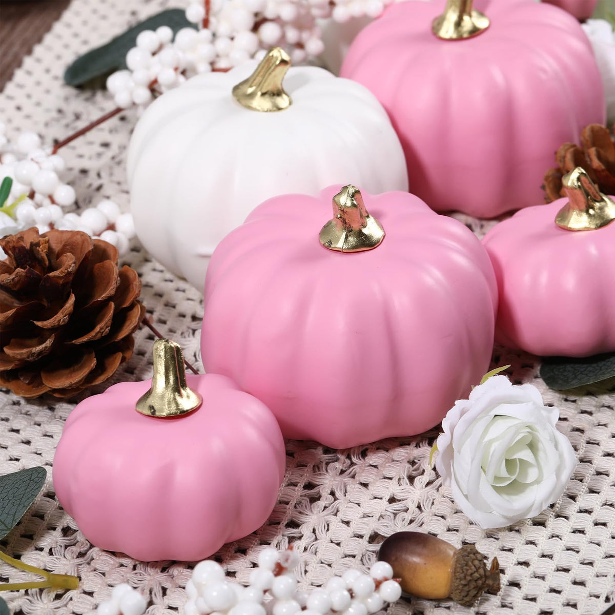 Artificial Pumpkin Eucalyptus Leaves Fall Decor, 56 PCS Fall Harvest Decorations for Halloween Thanksgiving with Pumpkins Acorns Pinecones Berries Leaves for Farmhouse Table Tiered Tray(White,Pink)