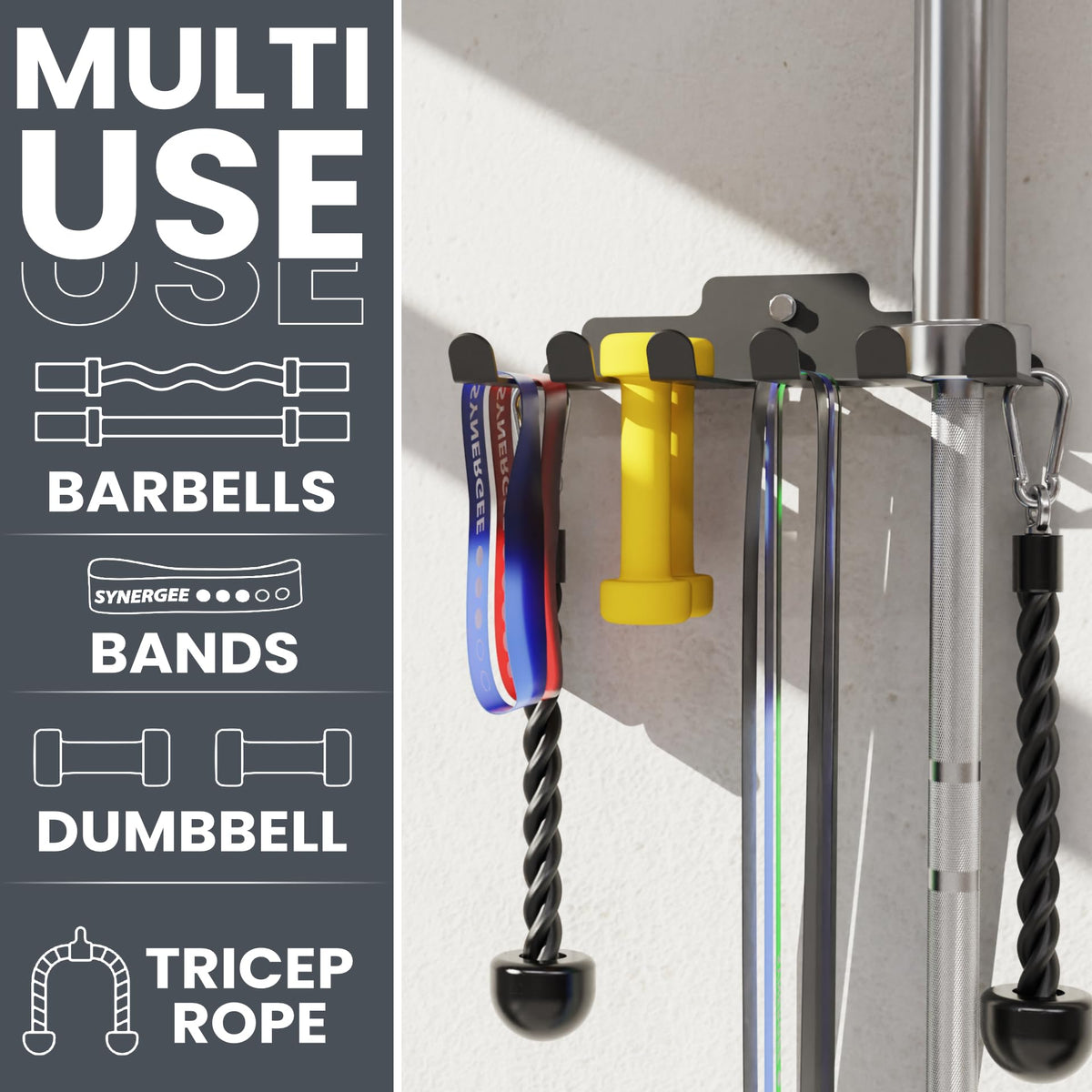 Synergee Wall Mounted Barbell Holder & Gym Accessory Rack Heavy Duty Steel 5 Bracket