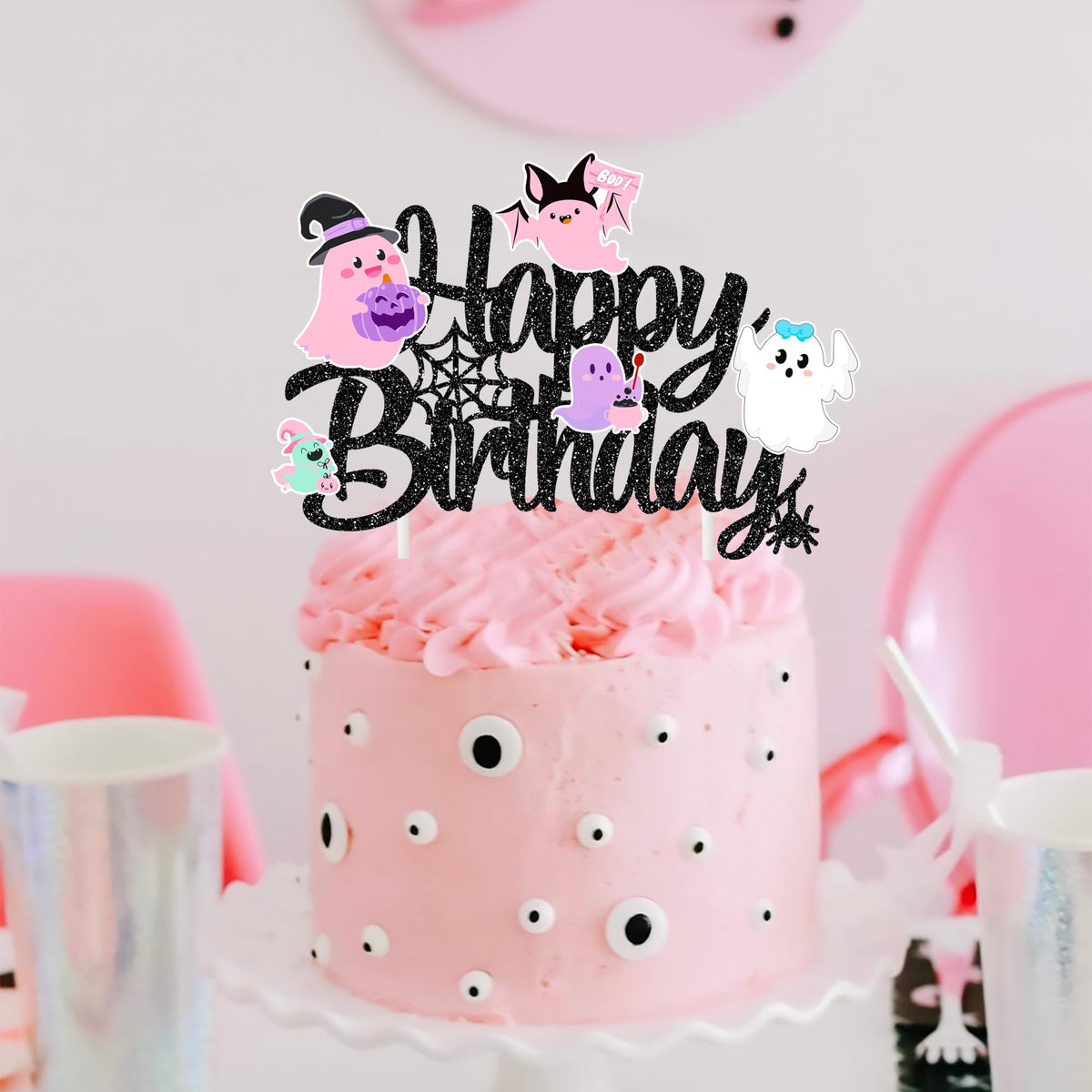 Halloween Ghost Happy Birthday Cake Topper Black Glitter Halloween Birthday Cake Decorations Pastel Ghost Cake Picks Ghosts Boo Day Baby Shower Decor for Birthday Party Supplies