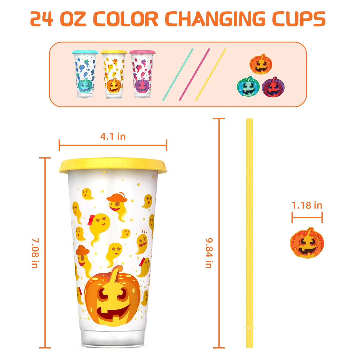 Ftabernam Halloween Color Changing Cups, 3-Pack 24 oz Plastic Cups with Lids and Straws, Tumblers and Water Glasses for Adults, Kids Party, Cute Cup for Ice Drink