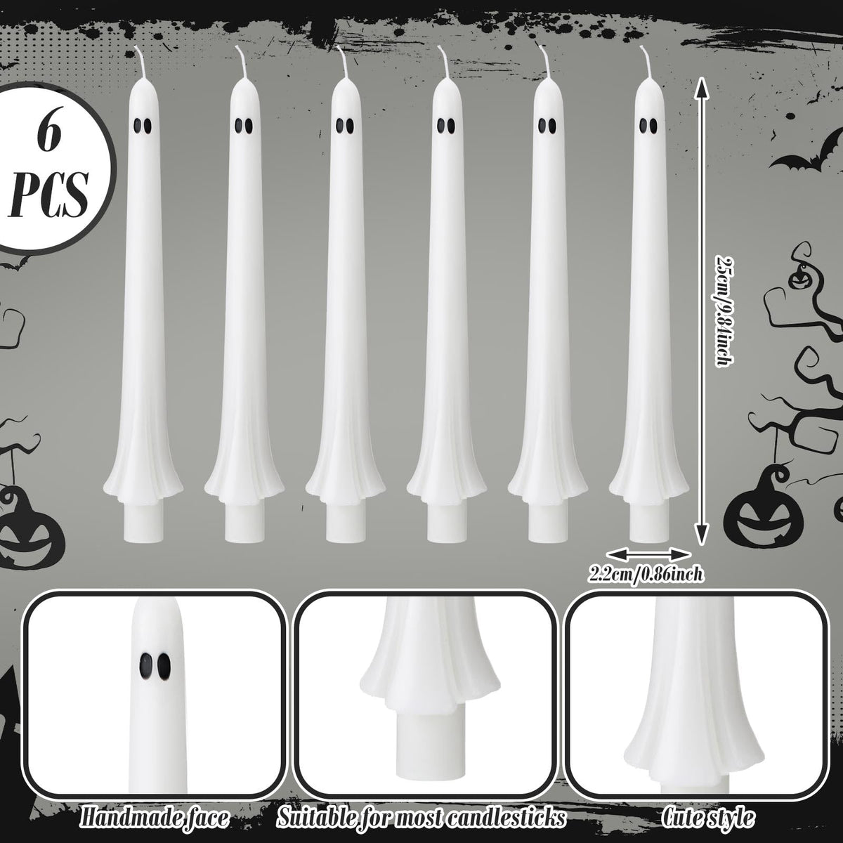 Conelist 6 Pcs Halloween Ghost Taper Candles Bulk Cute White Spooky Candles Decorations Halloween Ghost Shaped Decor for Party Favor Home Table Centerpieces Fireplace Festival Kitchen