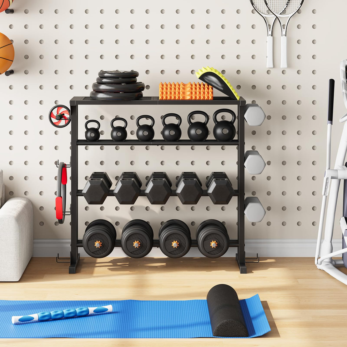 HOOBRO Dumbbell Rack - 4 Tiers Weight Rack for Home Gym, Heavy Duty Weight Storage Racks for Dumbells, Kettlebells, Barbells, Space-Saving Dumbbell Storage Stand Holder with Side Hooks, Black BK87CJ01N1
