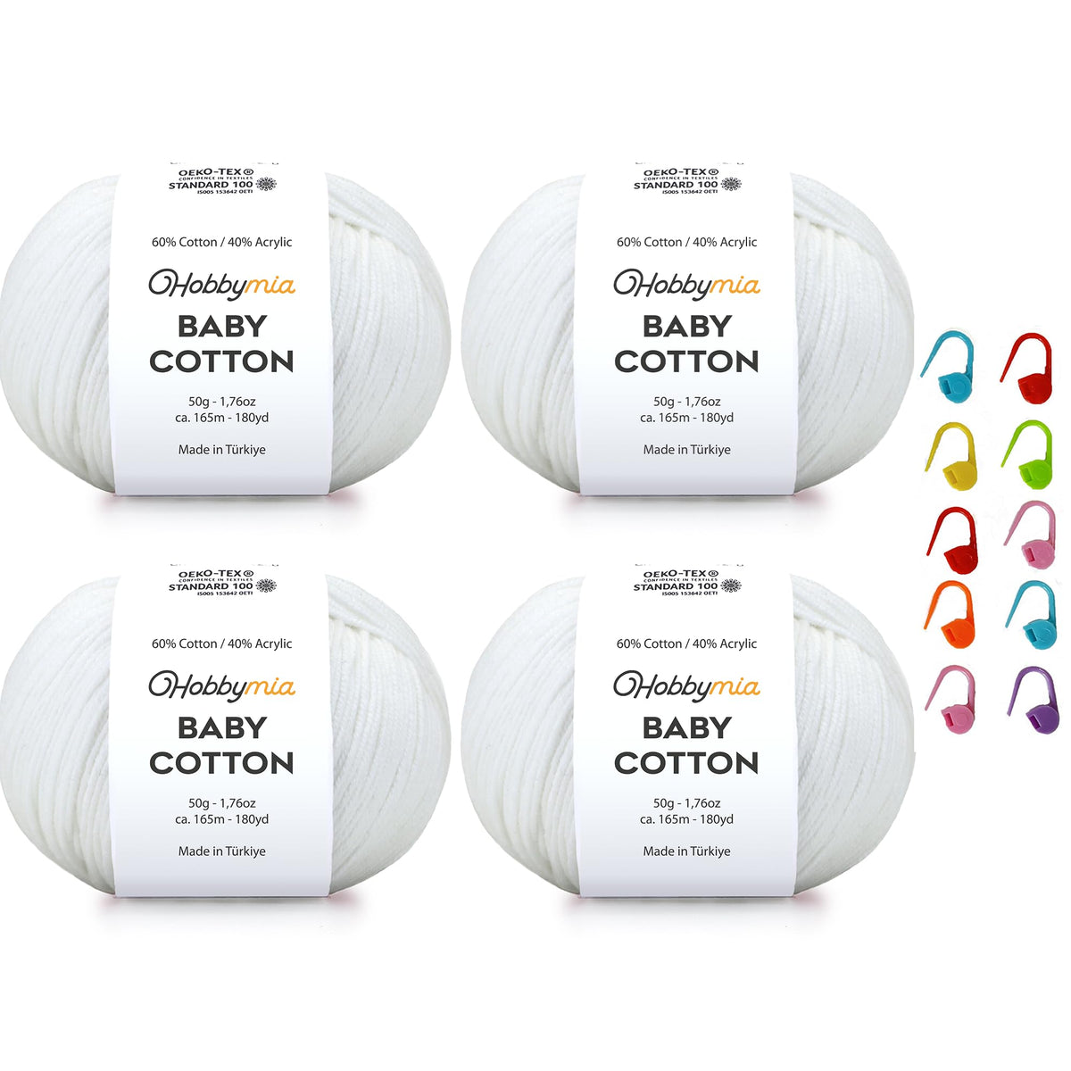 HobbyMia Baby Cotton Blend Yarn – Soft Sport Weight Yarn for Crochet & Amigurumi - 50g/180yds - 60% Cotton 40% Acrylic - Ideal for Baby & Knitting Proj. & 10 Stitch Markers(White, 4 Balls)
