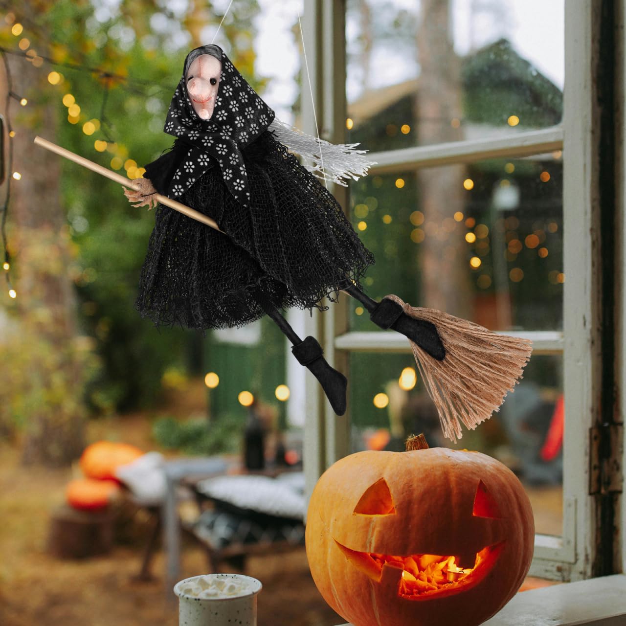 DIYEAH Halloween Witch Doll Decor with Broomstick for Indoor Outdoor Party Decoration, 9.44 Inch Grey Hanging Witch Figurine with Red Accents