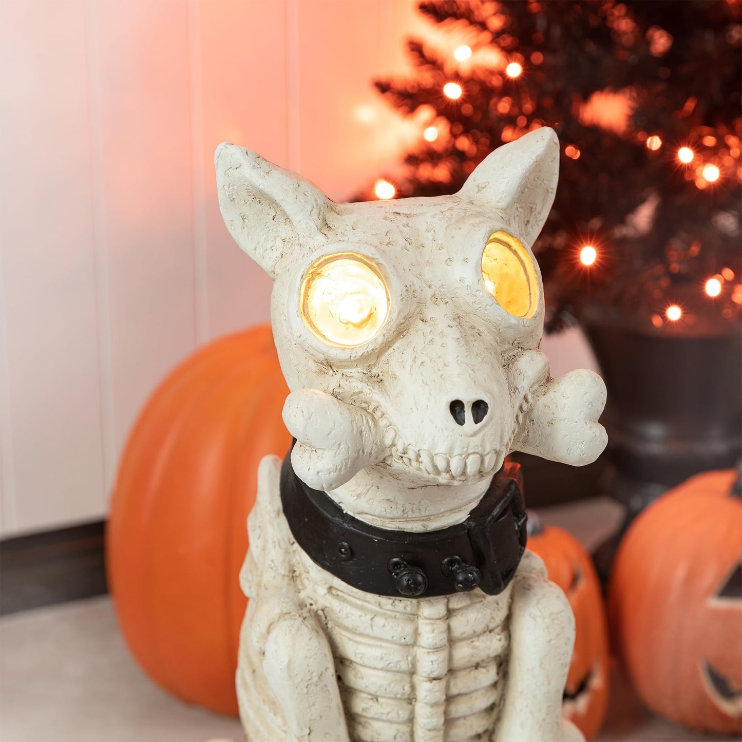 Glitzhome Halloween Porch Decorations, Lighted Halloween Front Porch Standing Sign Decor with Timer, MGO Skeleton Dog Sign for Indoor Patio Party, 20.5" H