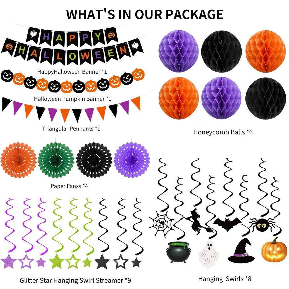 Halloween Party Decorations Happy Halloween Banner Honeycomb Balls Paper Fans Hanging Swirls Triangle Garland for Indoor Home Office Class School Party Supplies
