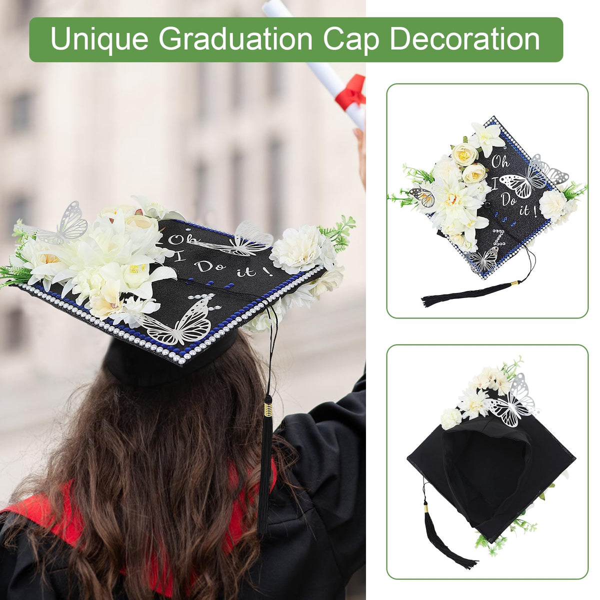 TKNOUS White Flower DIY Graduation Cap Decorations - Artificial Flower Heads, 3D Butterfly & Alphabet Letter Stickers, Glitter Paper for Art DIY Hat Grad Cap Topper