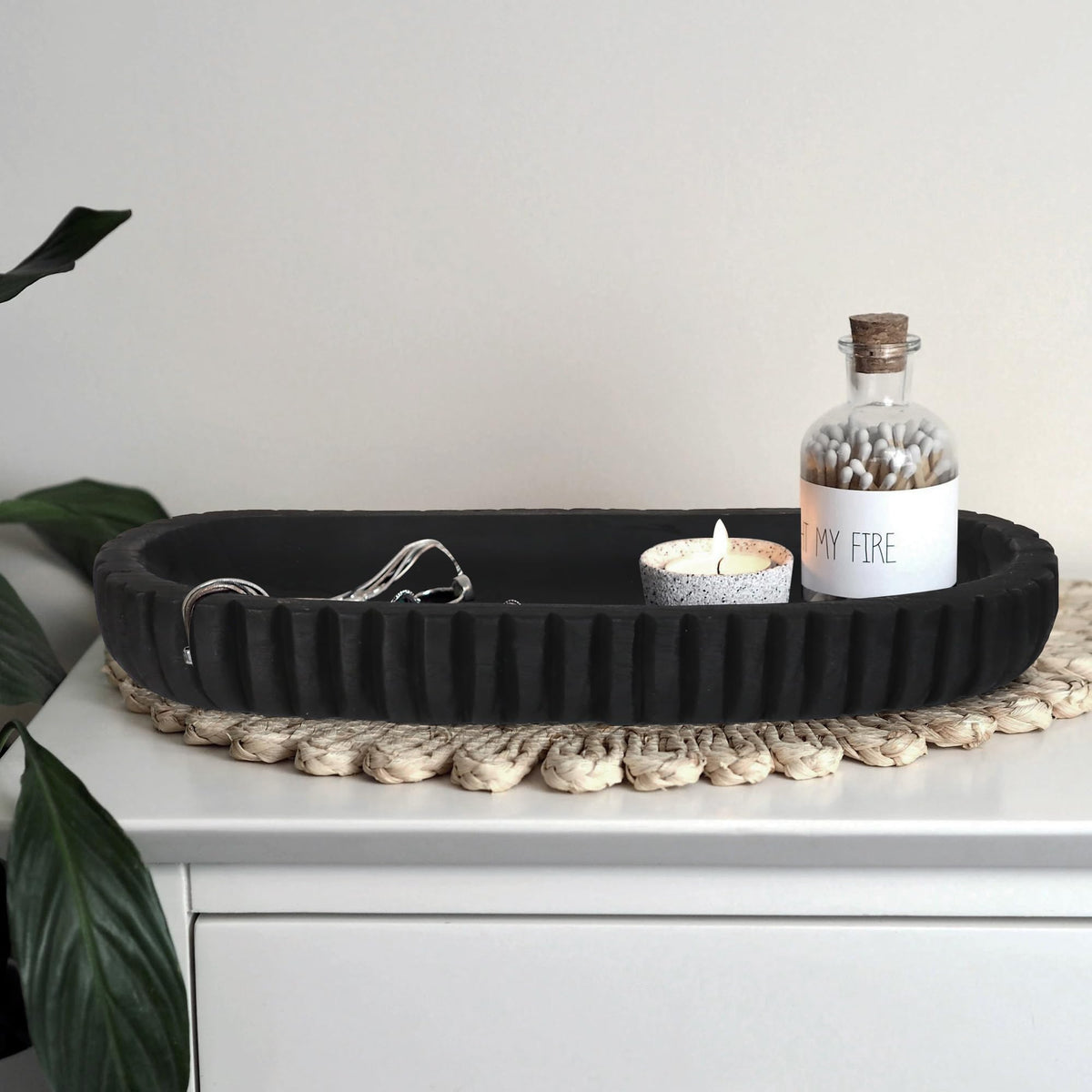 Oakrain Wooden Decorative Bowl for Home Decor, 16" Rustic Dough Bowl with Hand Carved Vertical Stripes, Long Wood Tray for Table Centerpieces, Matte Black