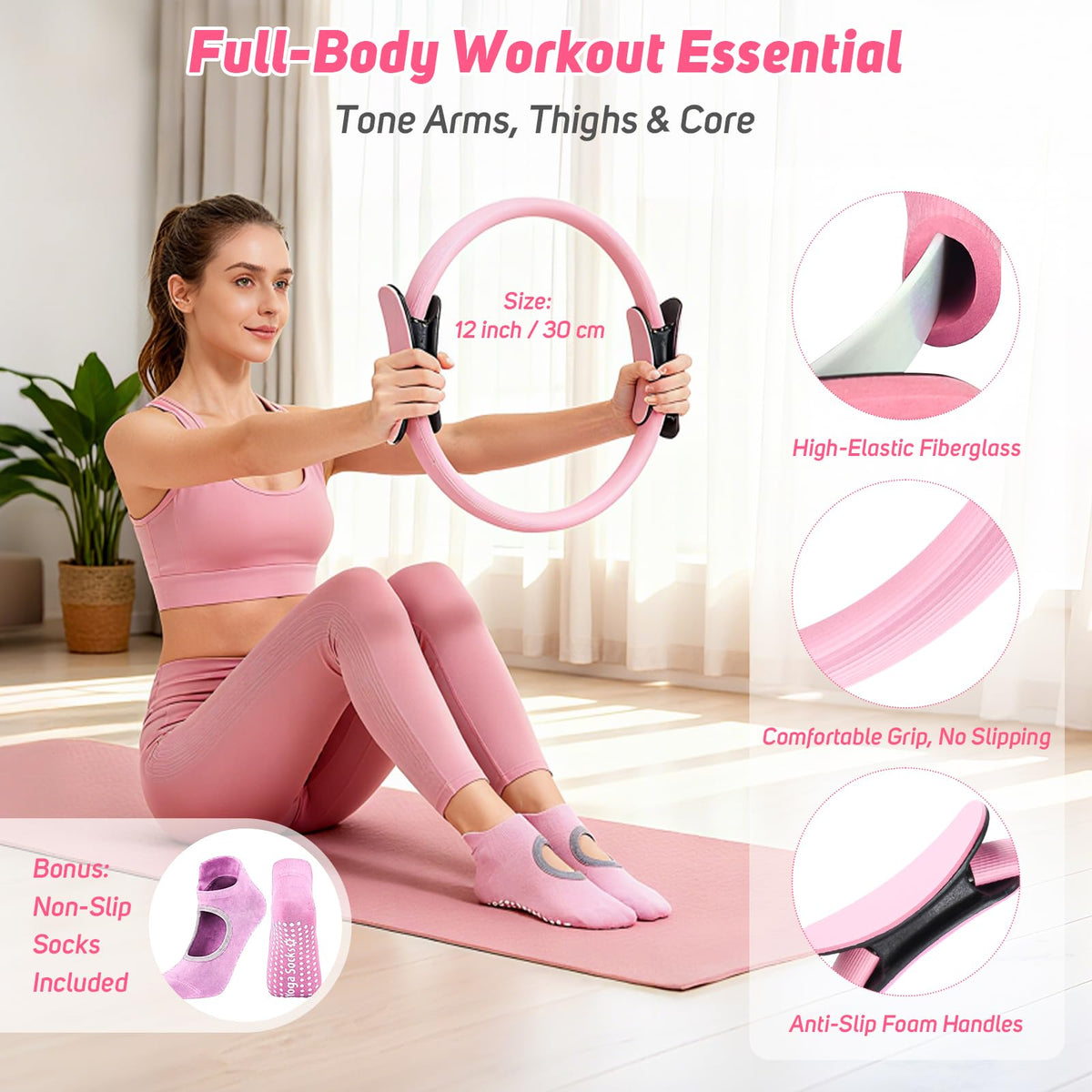 Home Pilates Kit for Women: Pilates Equipment Pilates Ring and Ball Set with Resistance Bands, Core Slider, Foam Roller, Pilates Essentials Kit for Beginner Home Workout, Compact Toning Fitness, Pink