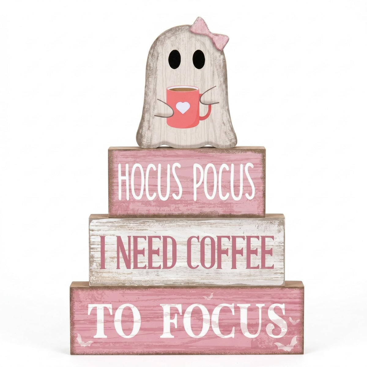 Moucuny 4 Pcs Pink Halloween Table Decorations Coffee Ghost Wooden Stacked Block Decor, "Hocus Pocus I Need Coffee to Focus" Signs, Cute Rustic Halloween Tiered Tray Decor for Home Kitchen Office Bar