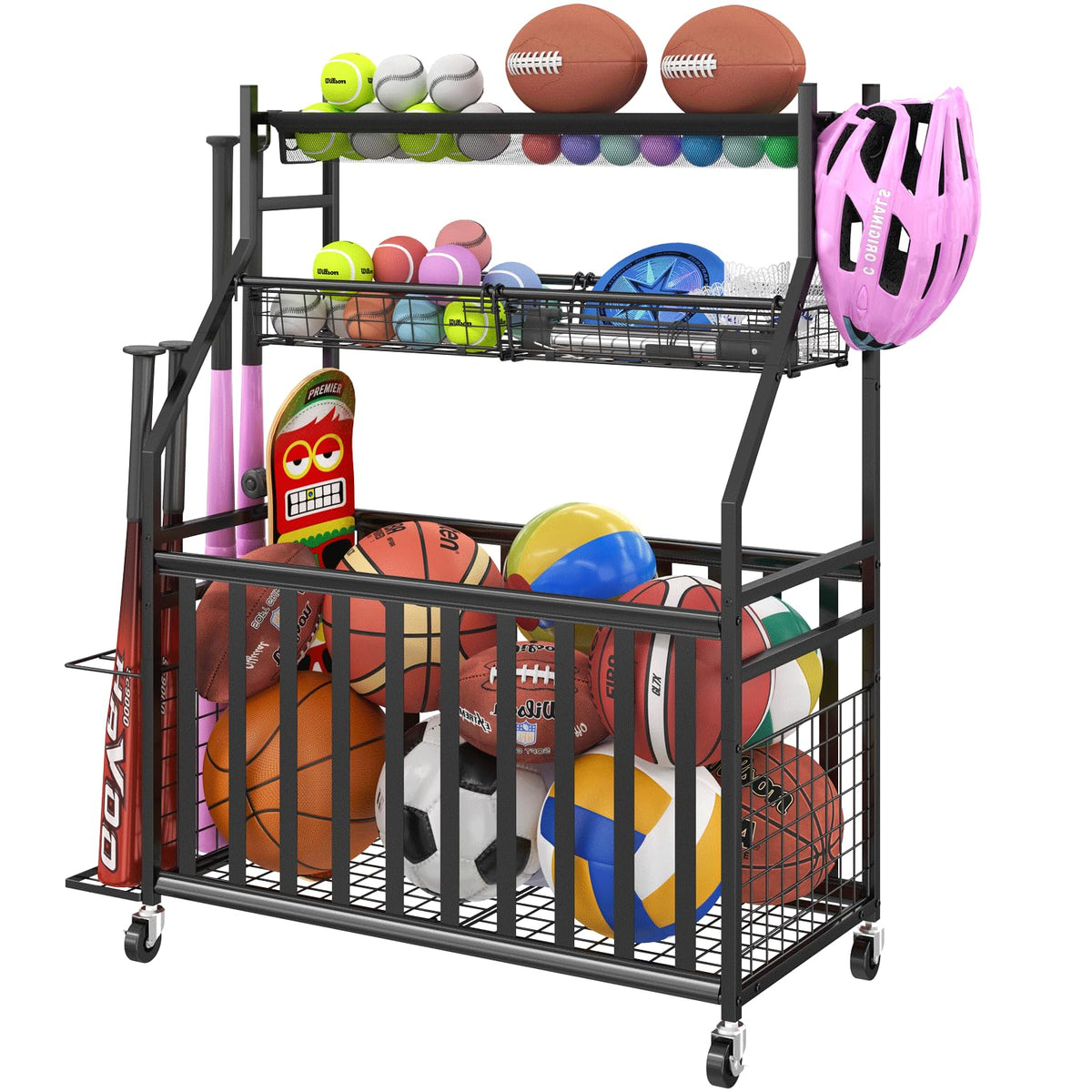 Jsskeeim Garage Sports Equipment Organizer,Sports Ball Organizer with Wheels,Mesh Pocket, Basket,Ball Organizer with Baseball Bat Rack and HooksToy Storage Rolling Cart-Black