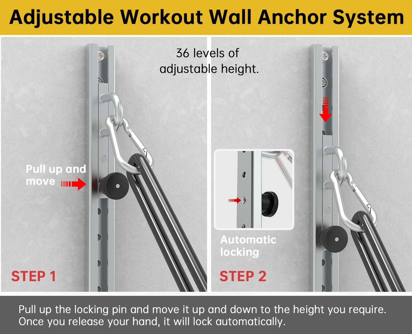Adjustable Resistance Band Wall Mount System，Resistance Band Wall Anchor with Automatic Locking, Fitness Equipment for Strength Training Compatible with TRX Home Suspension Training Kit ﻿