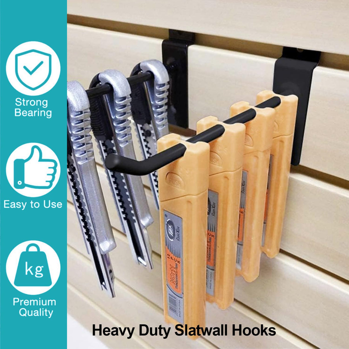 HJW Slatwall Hooks 50 PCS 4 Inch Black Slatwall Accessories Garage Shop Retail Display Heavy Duty Pegboard Gridwall