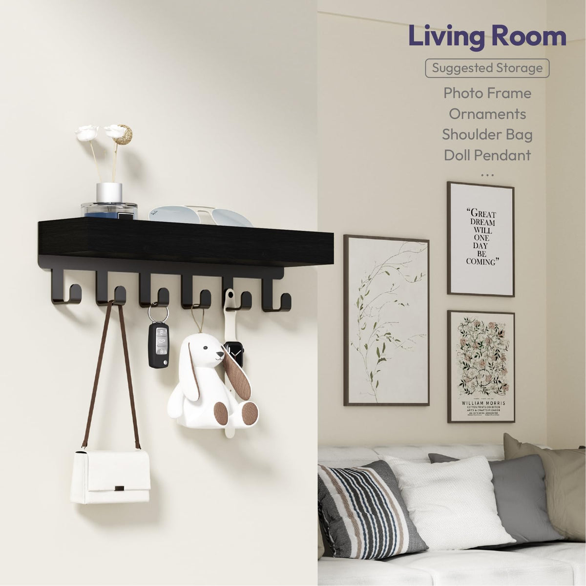 SWTYMIKI Key Holder Wall Mount - Wooden Key Hooks for Wall with Mail Organizer & 6 Hooks, 2 Installation Ways Key Hanger, Key Rack with Shelf for Entryway Living Room Bedroom Office Home Decor Black