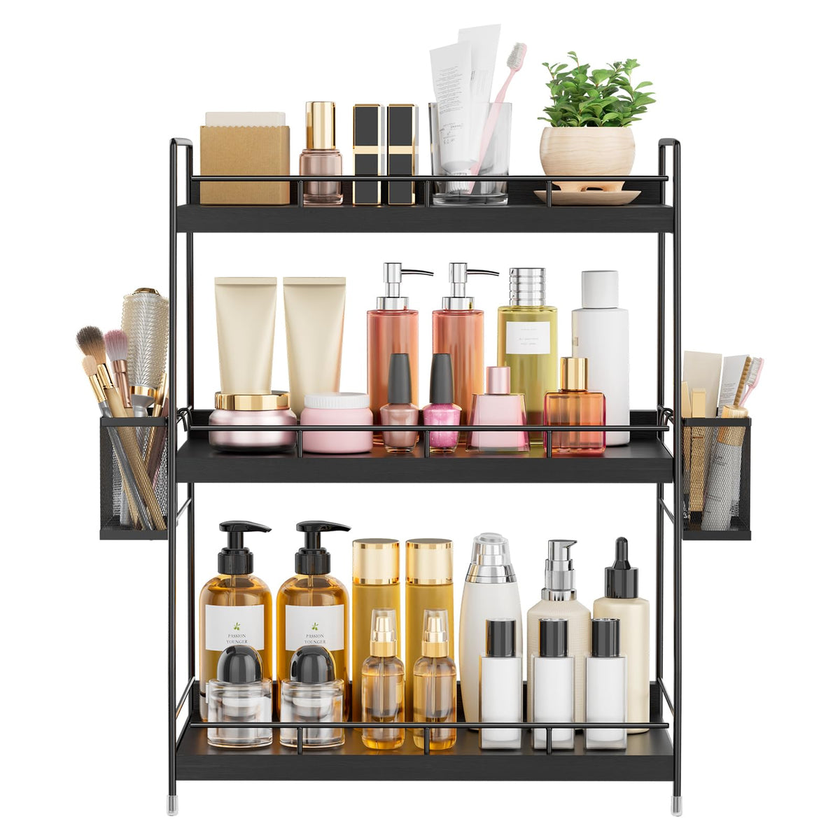 BSTSLL Bathroom Counter Organizer,Bathroom Countertop Organizer with Baskets,Vanity Organizers,Counter Shelf,Countertop Storage, Makeup Organizers(Black)