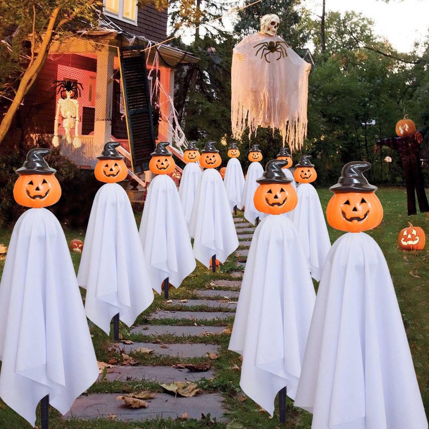 Homeleo Set of 4 Solar Pumpkin Ghost Lights for Halloween Decorations Outdoor, Light up Floating Scary Ghosts Pumpkins Witch Hat Stake Lights for Porch Yard Outside Pathway Halloween Party Decor