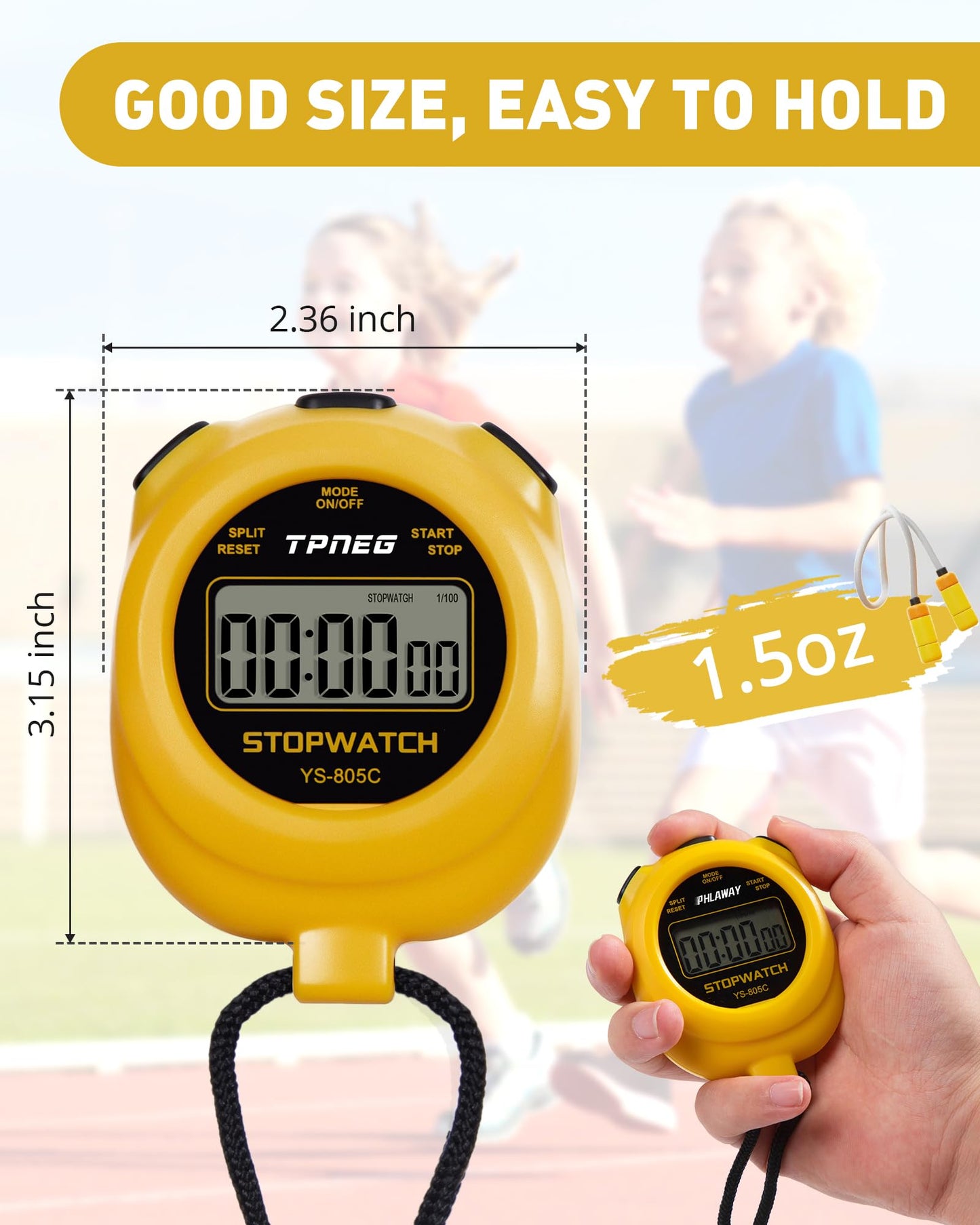 TPNEG Simple Stopwatch Timer - Easy to Use, Set Up, Read, and Carry - Large Display - On/Off, AAA Battery, No Hourly Beep - Ideal for Kids, Track and Field, Sports, Classroom - Stopwatches for Coaches
