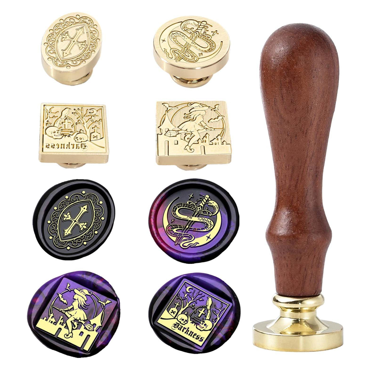 Halloween Wax Seal Stamp Kit - 4Pcs Wiccan Series Sealing Wax Stamps (Bat Witch, Crow's Graveyard, Jesus Cross, Snake Sword Moon)