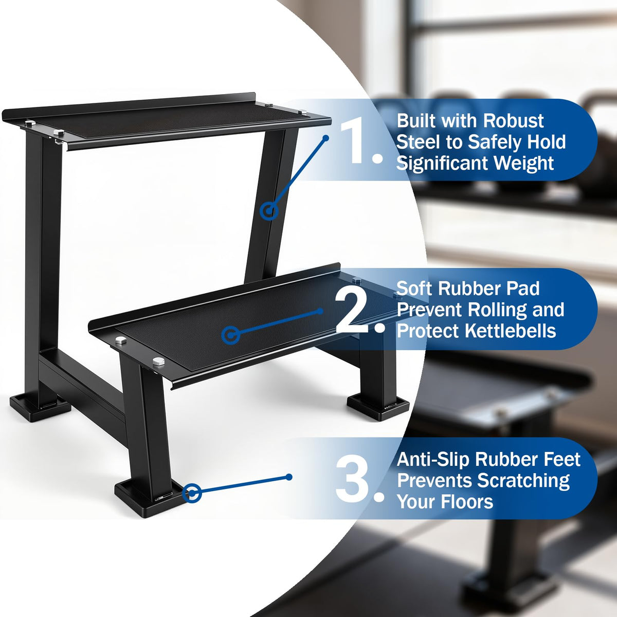 AUXHDK Kettlebell Storage Rack with Anti-Slip Pads, 2-Tier Weight Racks, Kettlebell Stand, Dumbbell and Kettlebell Rack for Home Gym Use