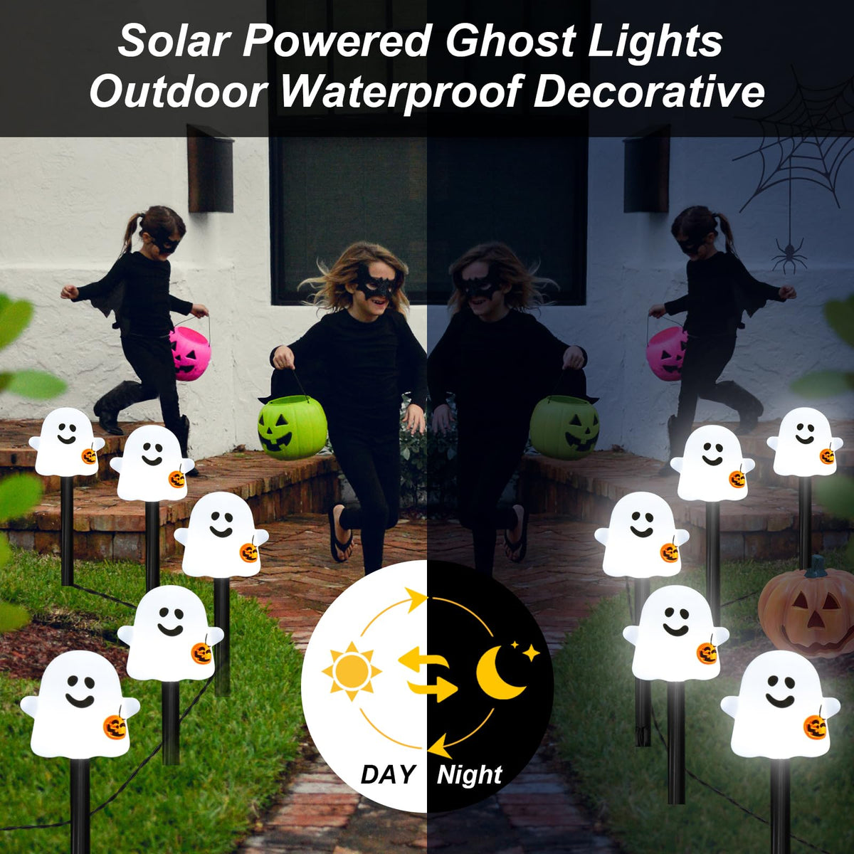 BRIGHTDECK Solar Halloween Ghost Pathway Lights, 10 Pack Ghost Stake Lights with Pumpkin Design, Durable Waterproof Outdoor Halloween Decoration for Garden, Walkway, and Yard (Cold White)