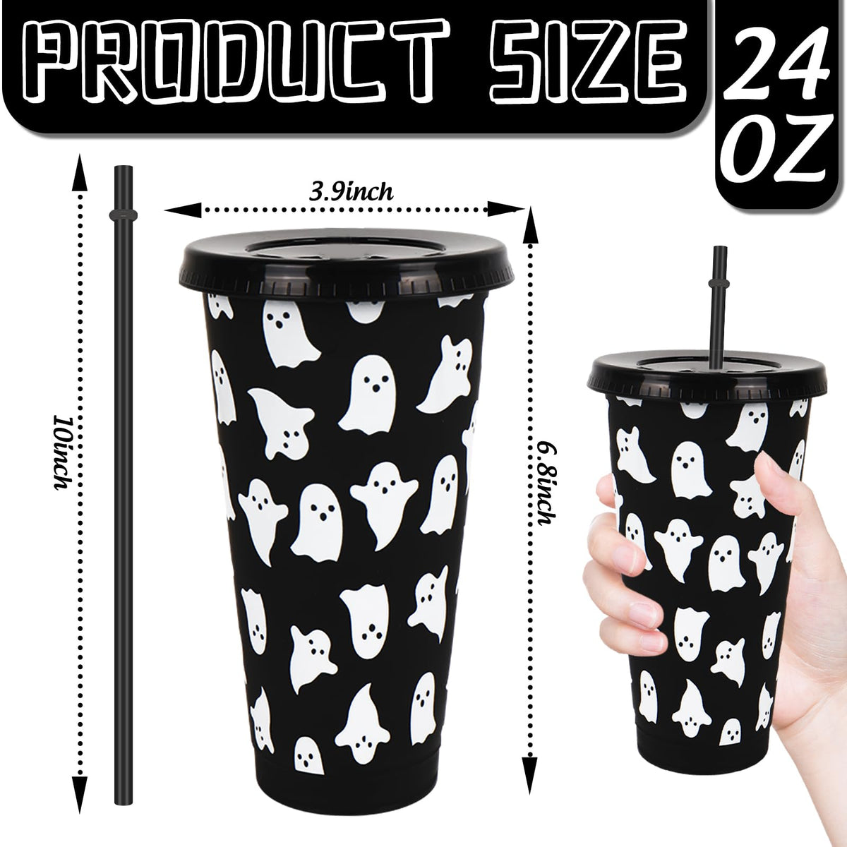 JarThenaAMCS 12 Pcs Halloween Ghost Party Cups with Lids Straws Cute Ghost Boo Plastic Tumblers Black White Reusable Water Bottle for Hot Cold Drinks Birthday Party Baby Shower Table Decor, 24 Oz