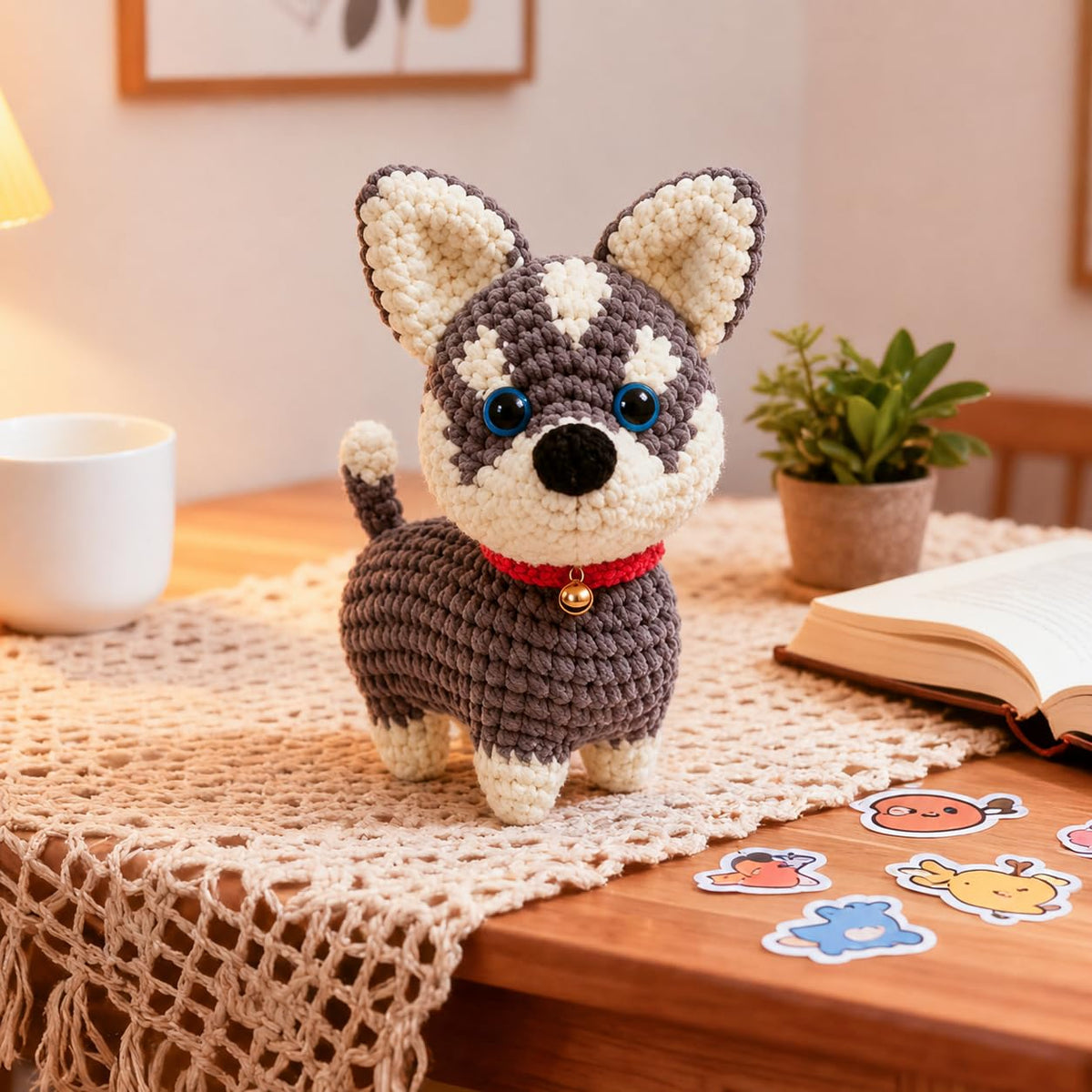 ABOUT RIGHT Crochet Kit Dog for Beginners, 7x6 Inches Husky Amigurumi Kit with Step-by-Step Video Tutorials, All-in-one DIY Animal Crochet Project for All Ages