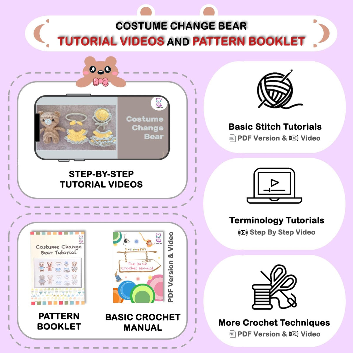 LoopMap Amigurumi Crochet Kit for Beginners with Removable Dress & Video Tutorials, DIY Bear Making Kit Includes Premium Yarn & Tools, Creative Gift for Adults Teens (Purple)