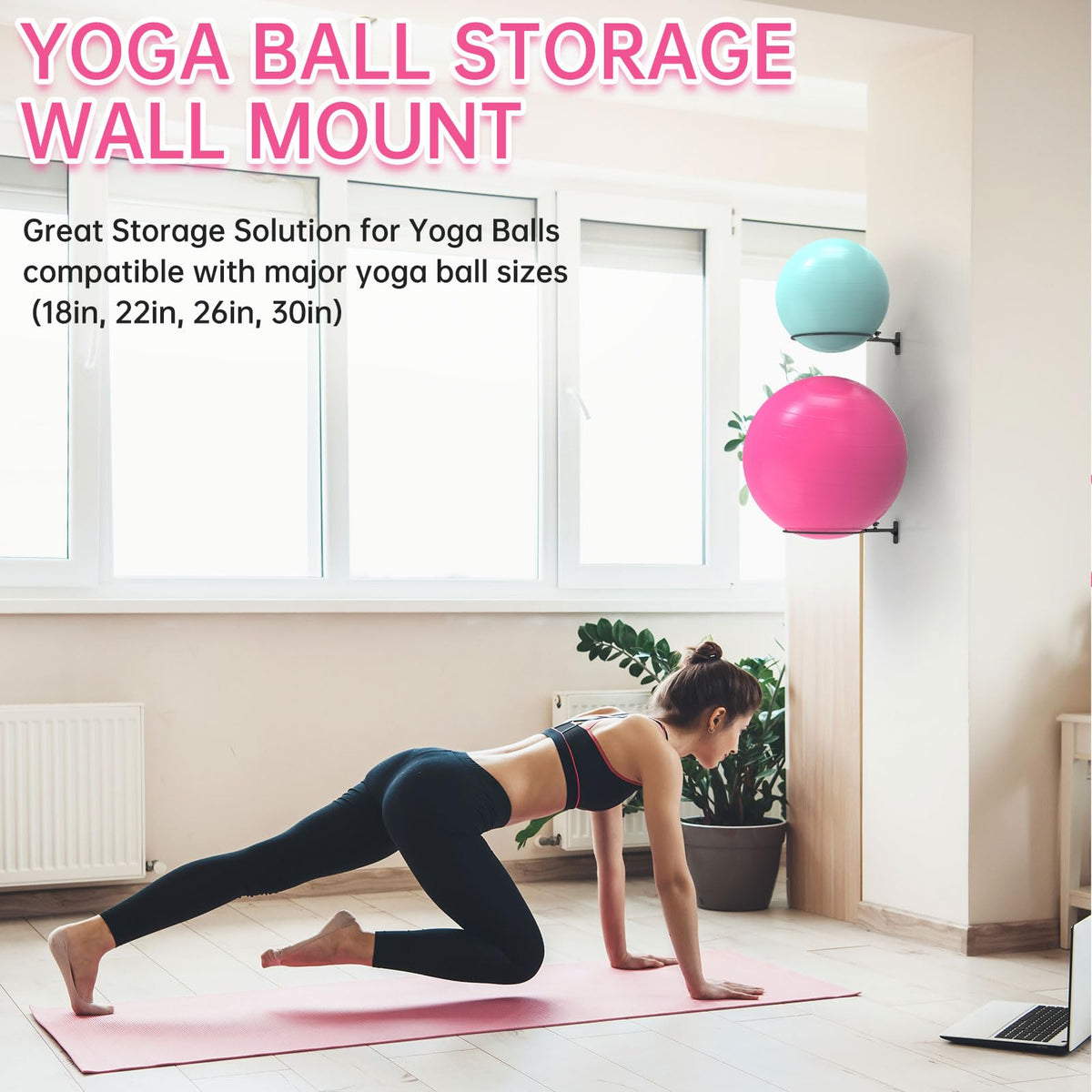 KOMOHOM Universal Wall-Mounted Exercise Ball Holder, Adjustable Yoga Ball Storage Rack for 14 to 30 Inch Stability Balls, Heavy-Duty Metal with 12-Inch Diameter Ring, Space-Saving Design