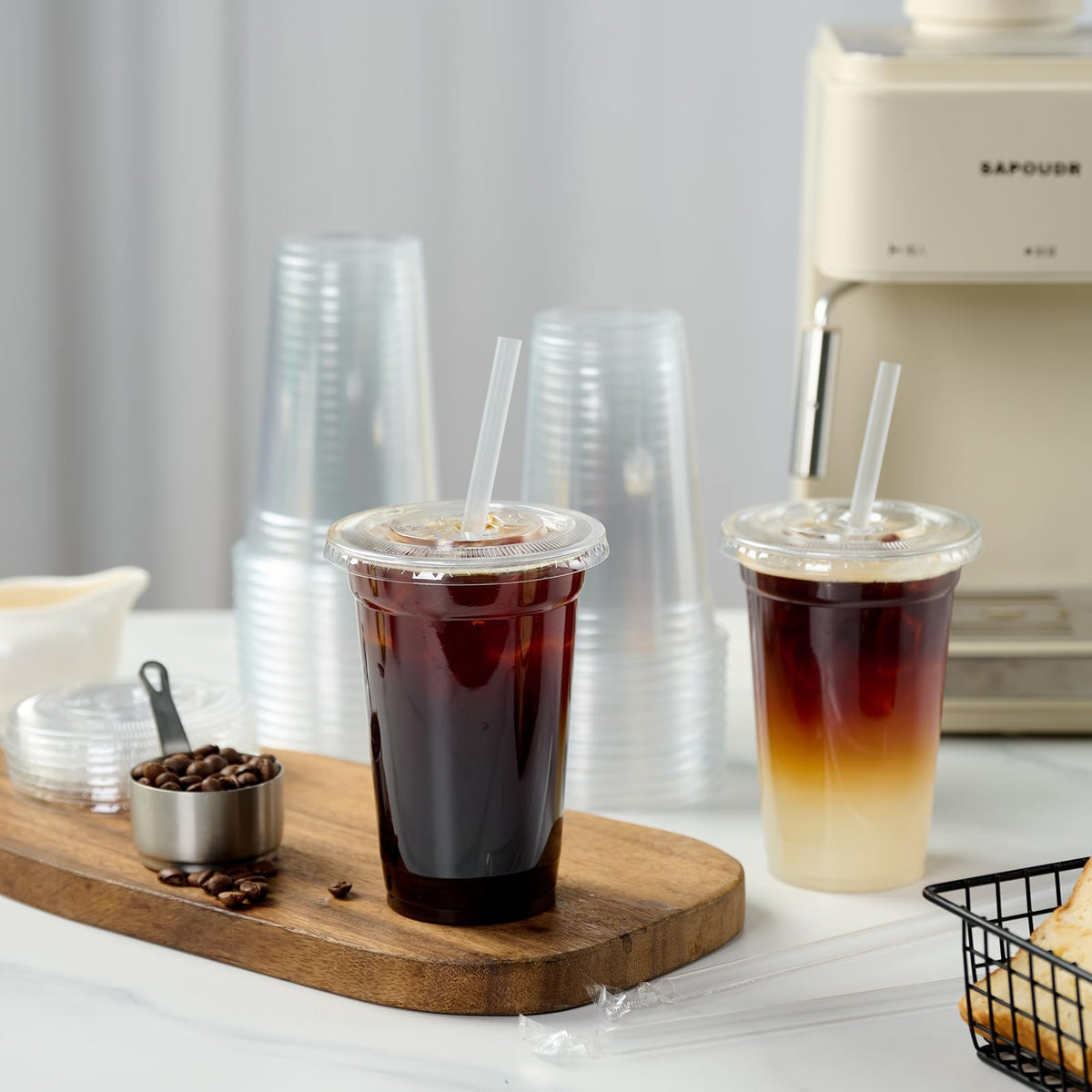 Turbo Bee 200 Sets 16 OZ Clear Plastic Cups with Lids and Straws, Disposable To Go Iced coffee cups with lids for Cold Drinks, Smoothie, and Slushie