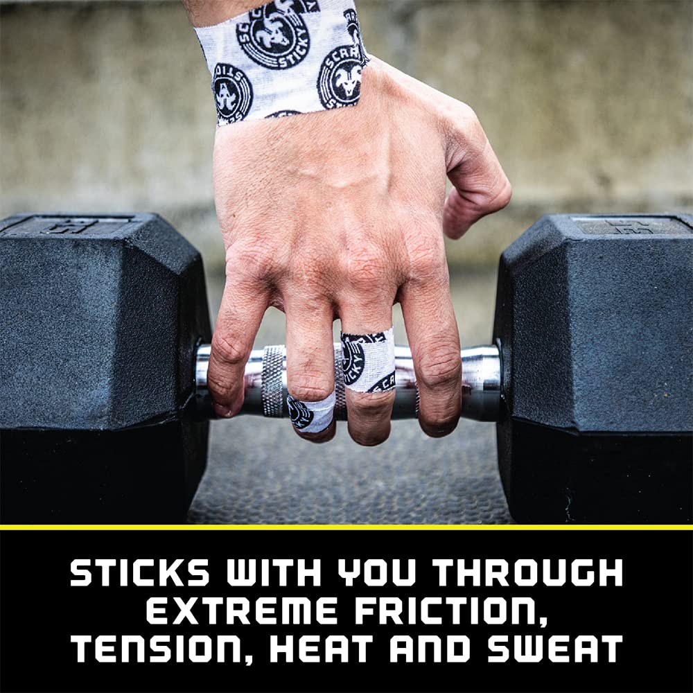 Scary Sticky Premium Athletic Tape, Ultra-Sticky Thumb, Finger & Wrist Tape for Weightlifting, Hook Grip & Cross Workout, Cotton, Latex-Free, 10 Yards, White/Black, 2 Rolls