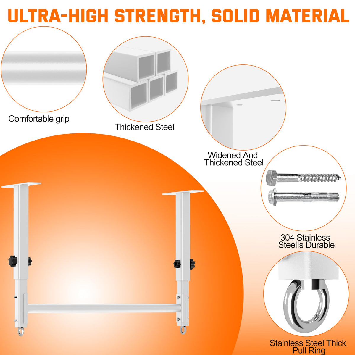 HWOOUSA 48" Ceiling Mount Pull Up Bar, Heavy Duty Multi-Grip Rafter Chin Up Bar for Garage/Basement/Backyard Ceiling Beam, Adjustable Height&Supports to 650 Lbs (White)