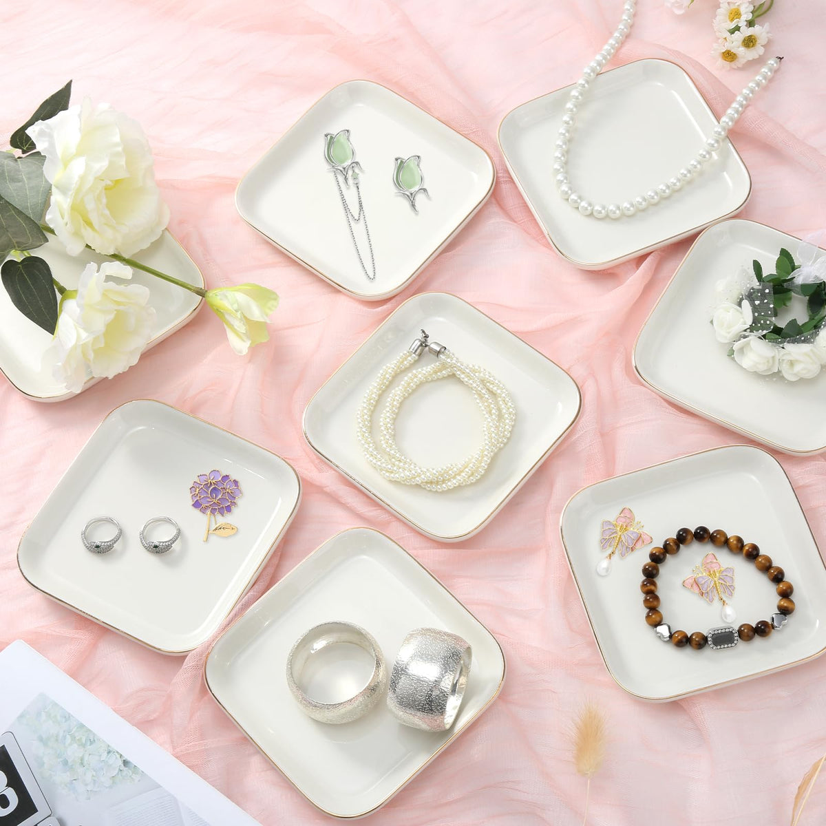 8 Pcs Ceramic Jewelry Tray 4.4 in Jewelry Dish for Women, Trinket Dish Ring Dish Bulk Decorative Trinket Dishes for Rings Earrings Necklaces, Bracelets Bridal Shower Wedding Birthdays Gifts Women