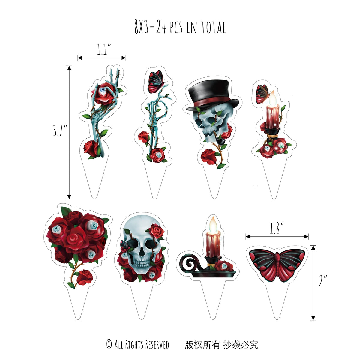 Cheerland Bundle Halloween Centerpieces 3D Rose Skull Candle Cutouts & Garland Red Rose Butterfly Eyeballs 4pcs & Cupcake Toppers Plastic Rose Skull Muffin Decors