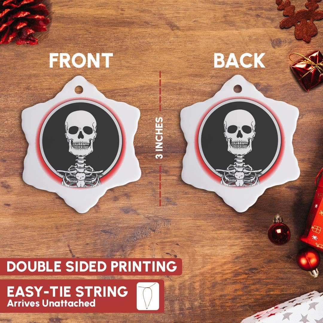 3dRose Skeletons Skull 1 on red 3 inch Snowflake Porcelain Ornament