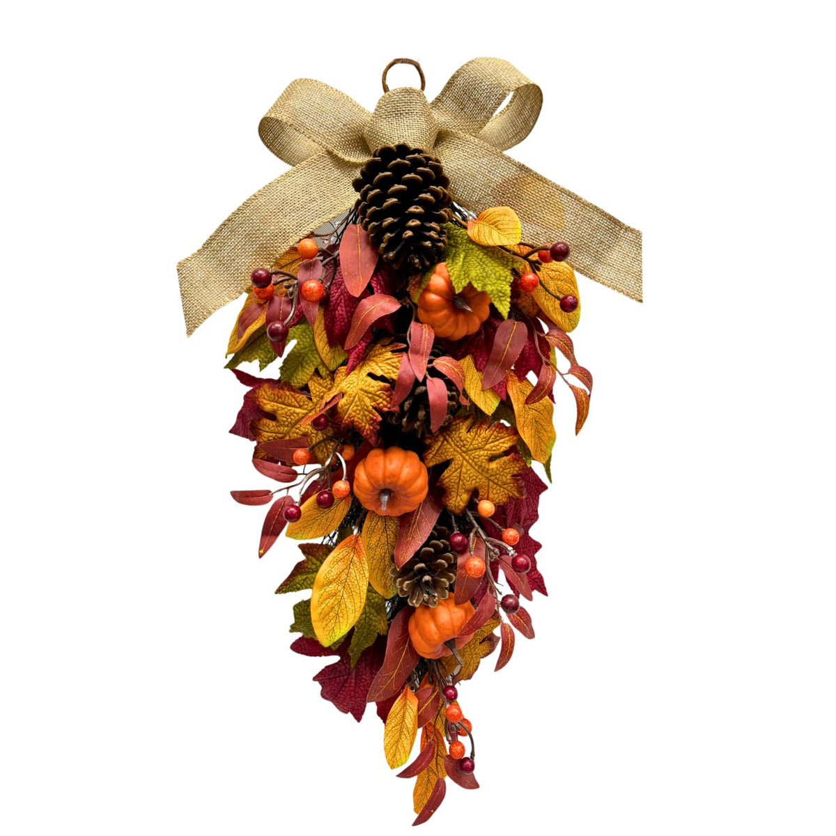 Svndlyn Harvest Teardrop Swag Autumn Floral Swag Wreath with Pumpkin Pine Cones Berries Maple Leaves and Burlap Bow Fall Teardrop Wreath for Home Door Wall Mantel Window Decor