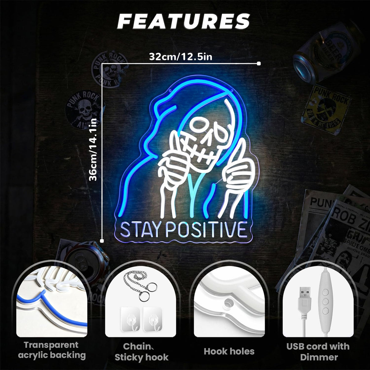STAY POSITIVE Neon Sign Wall Decor, Motivational Skeleton‌ Lights up, Inspirational LED Sign Halloween Party Decorations for Man Beer Bar Man Cave Pub Garage Workshop