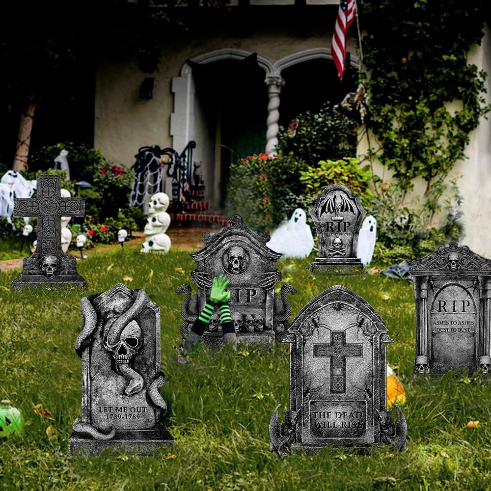 Graveyard Halloween Decorations Outdoor Tombstones: 6ct Large Tombstone Halloween Yard Signs with Stakes, 16" Realistic Scary Skeleton RIP Gravestones Lawn Cemetery Decor Outside for Kids Home Party
