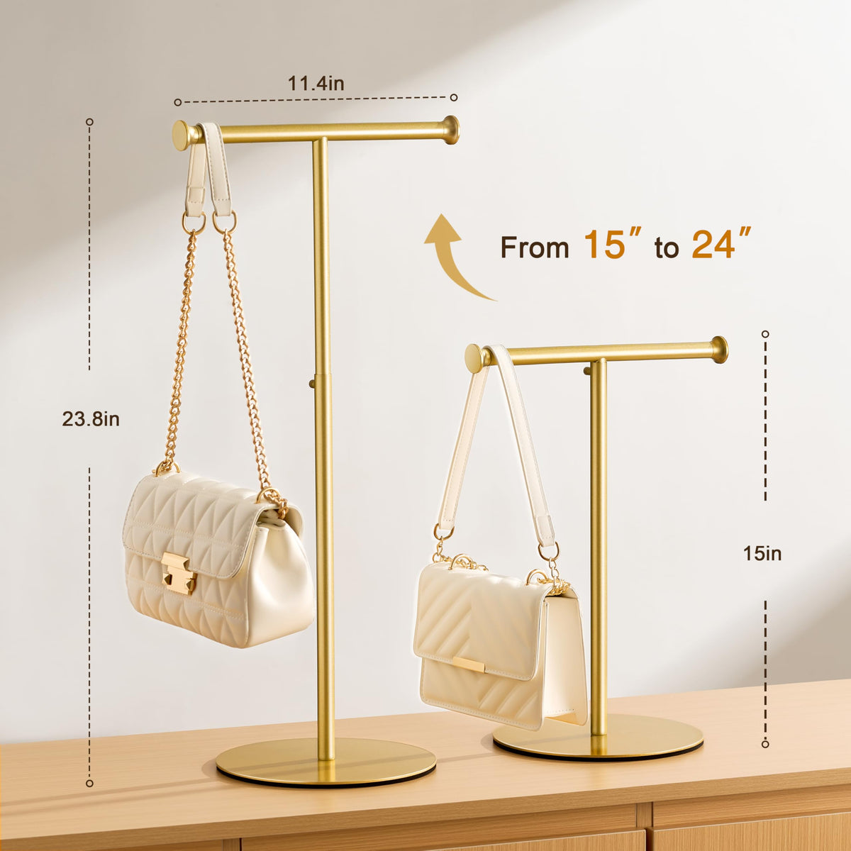 niffgaff 2 Pack 15‘’-24‘’ T Bar Purse Display Stand Tabletop: Adjustable Height Handbag Holder, Countertop Hanging Rack for Long Necklace Scarf Lanyard, Gold