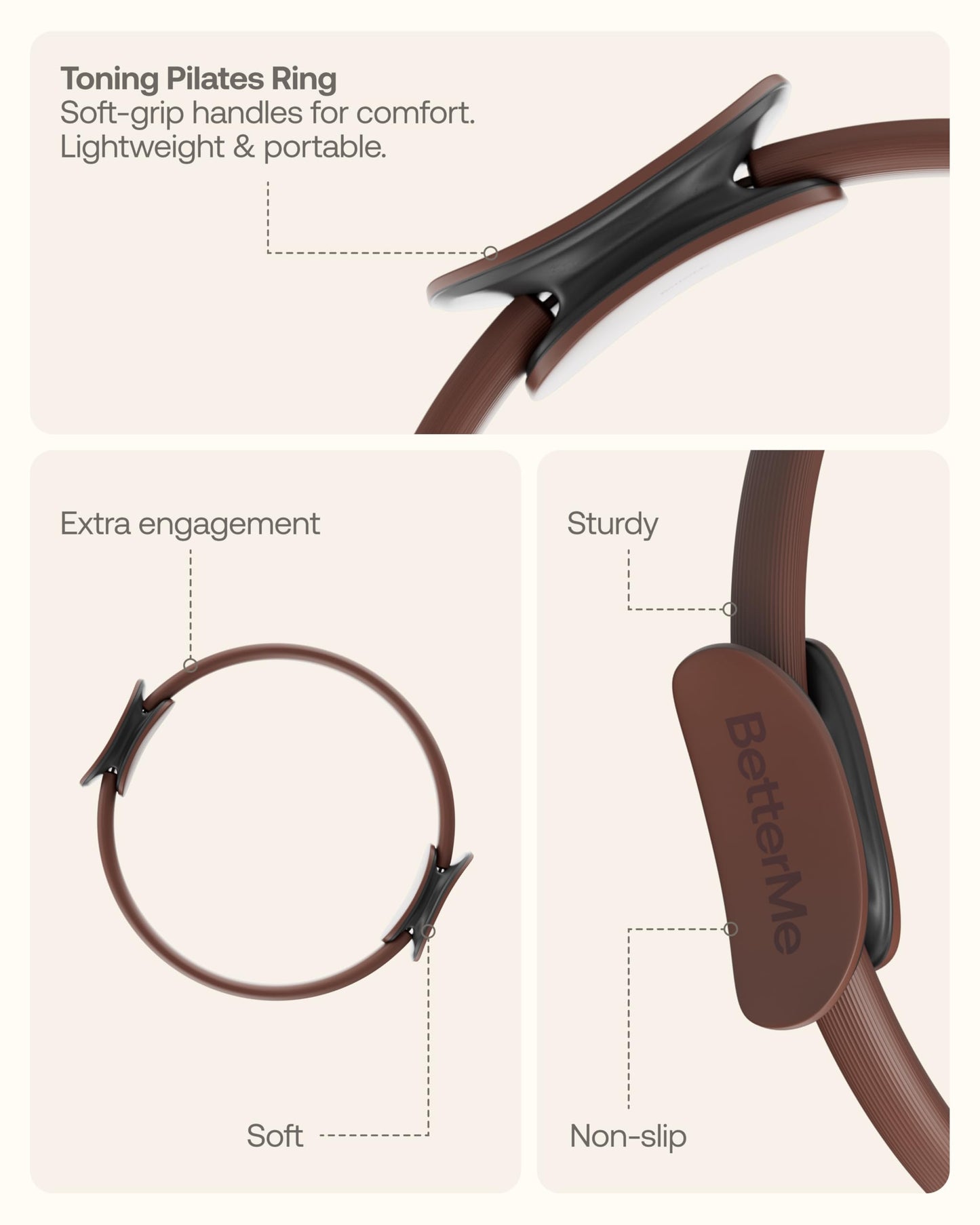 BetterMe Toning Pilates Ring – Magic Circle Pilates Ring for Strength & Flexibility – 15 Inch Fitness Ring for Home Pilates & Yoga Workouts (Chocolate Brown)
