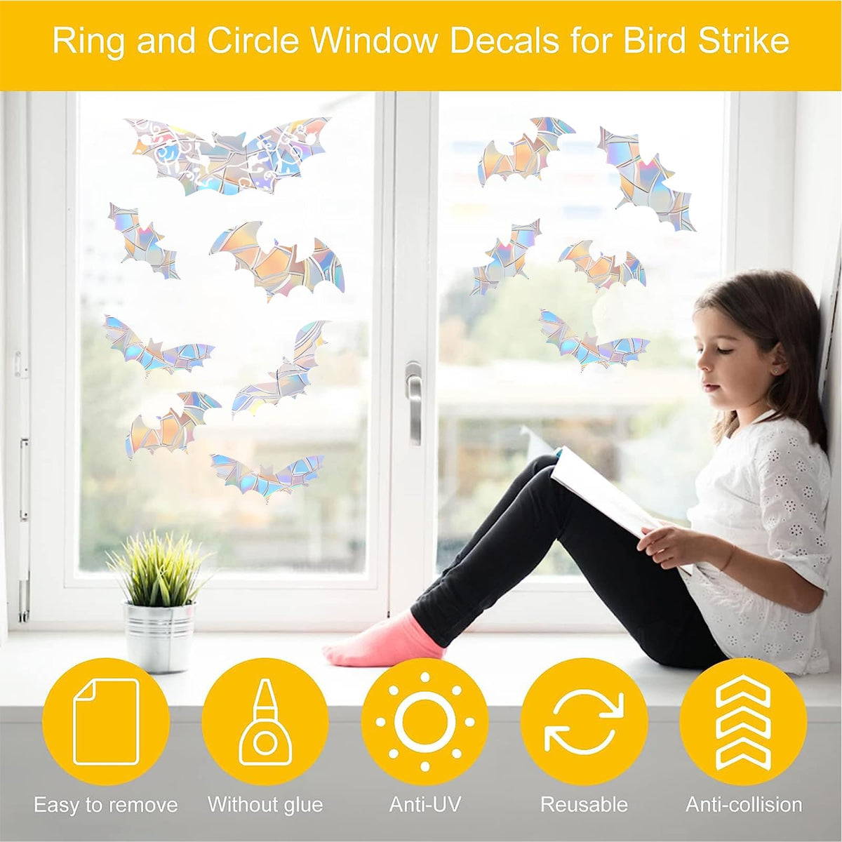 Shawula 15PCS Bat Window Clings - Anti-Collision Decals to Save Birds from Collisions,Non Adhesive Prismatic Vinyl Clings, Rainbow Stickers