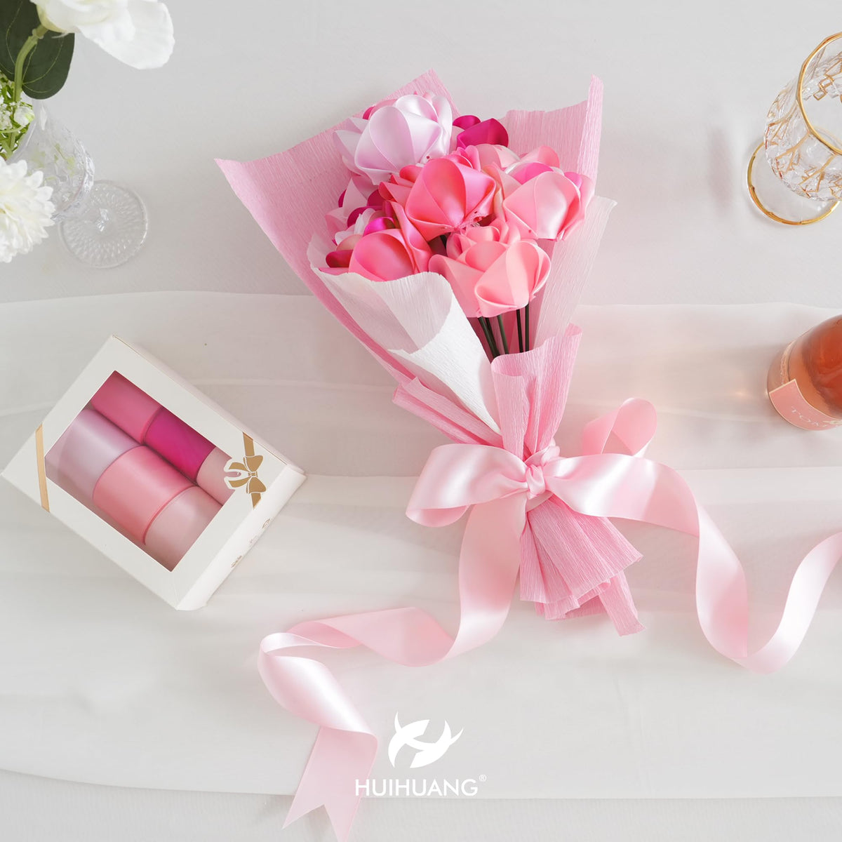 HUIHUANG Pink Ribbon 1-1/2" Satin Ribbon Assorted Pink/Hot Pink Satin Ribbons for Flower Bouquet, Gift Wrapping, Hair Bows Crafts, Wedding Bridal Shower Decor- 6 Rolls, Total 30 Yards