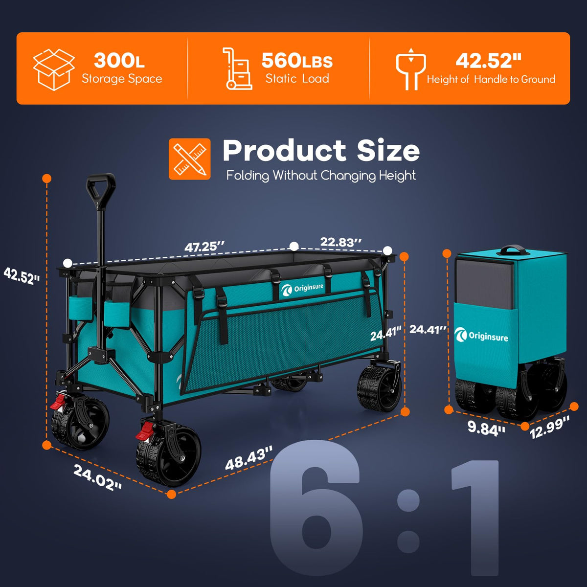 Originsure 48" L Collapsible Beach Wagon Cart Foldable, 560LB Weight Capacity 300L Heavy Duty Folding Wagons with Big All-Terrain Wheels, Utility Carts for Groceries, Camping, Sports - Grey&Turquoise