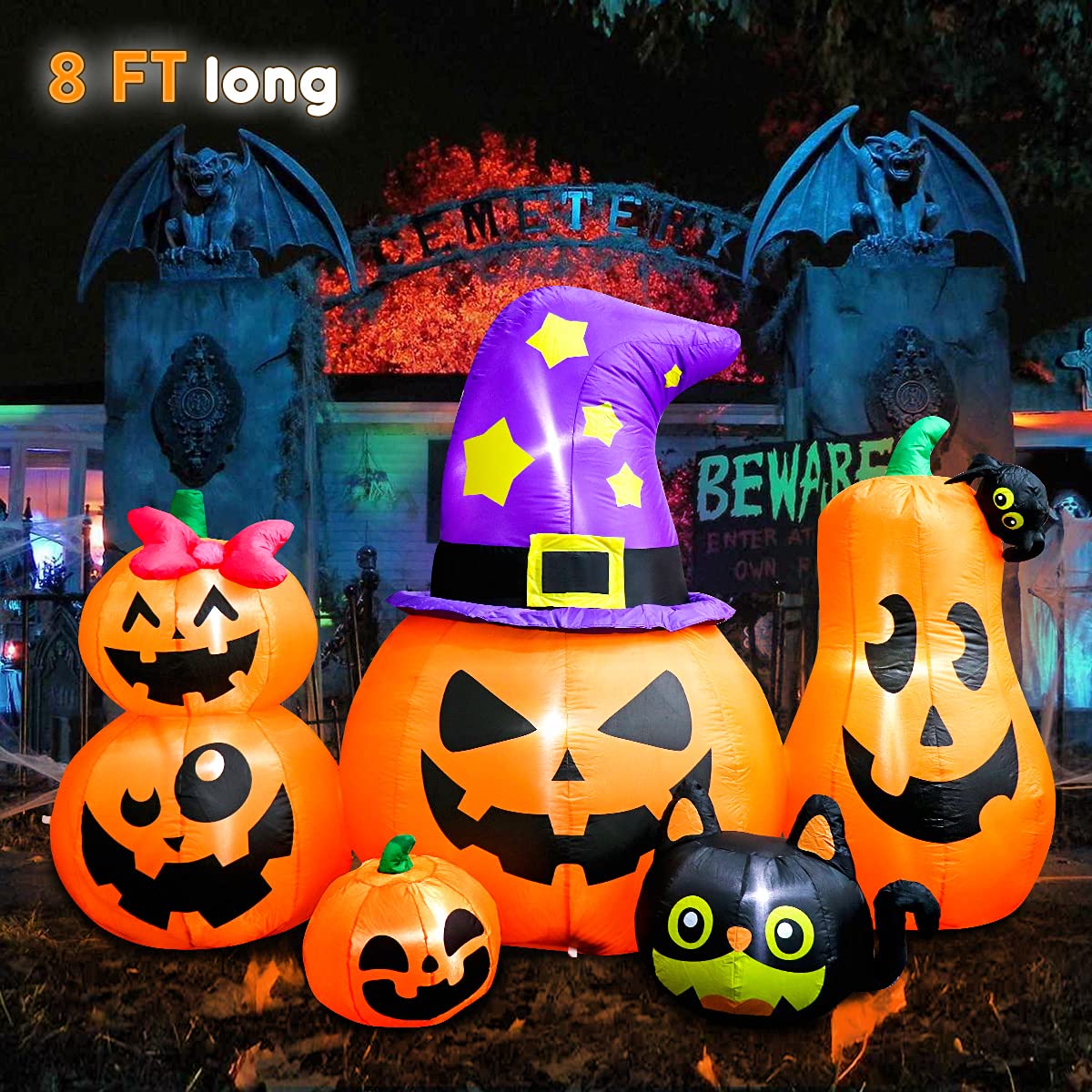Meland 8FT Halloween Inflatable Pumpkins - Inflatable Halloween Pumpkin Lantern Family with Wizard Hat & Black Cat, Blow Up Outdoor Decor with Built-in LED Light for Yard Garden Lawn