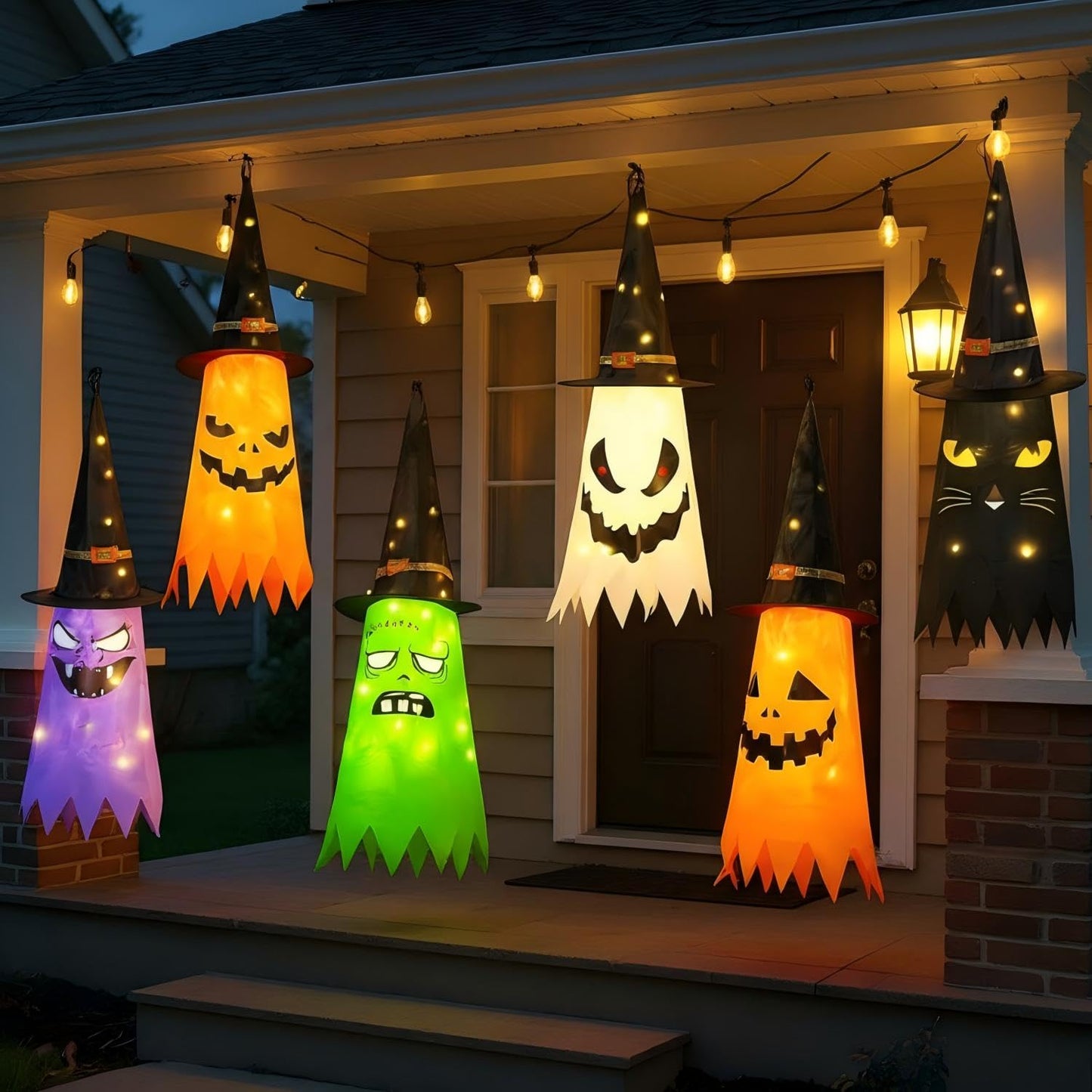 Qilery 6 PCS Hanging Witch Ghost Hats Decorations - Halloween Hanging Ghosts Decorations Outdoor - 31 Lighted Pumpkin, Cat, Mummy, Vampire, Zombie Theme for Yard Tree Porch Patio Garden Party